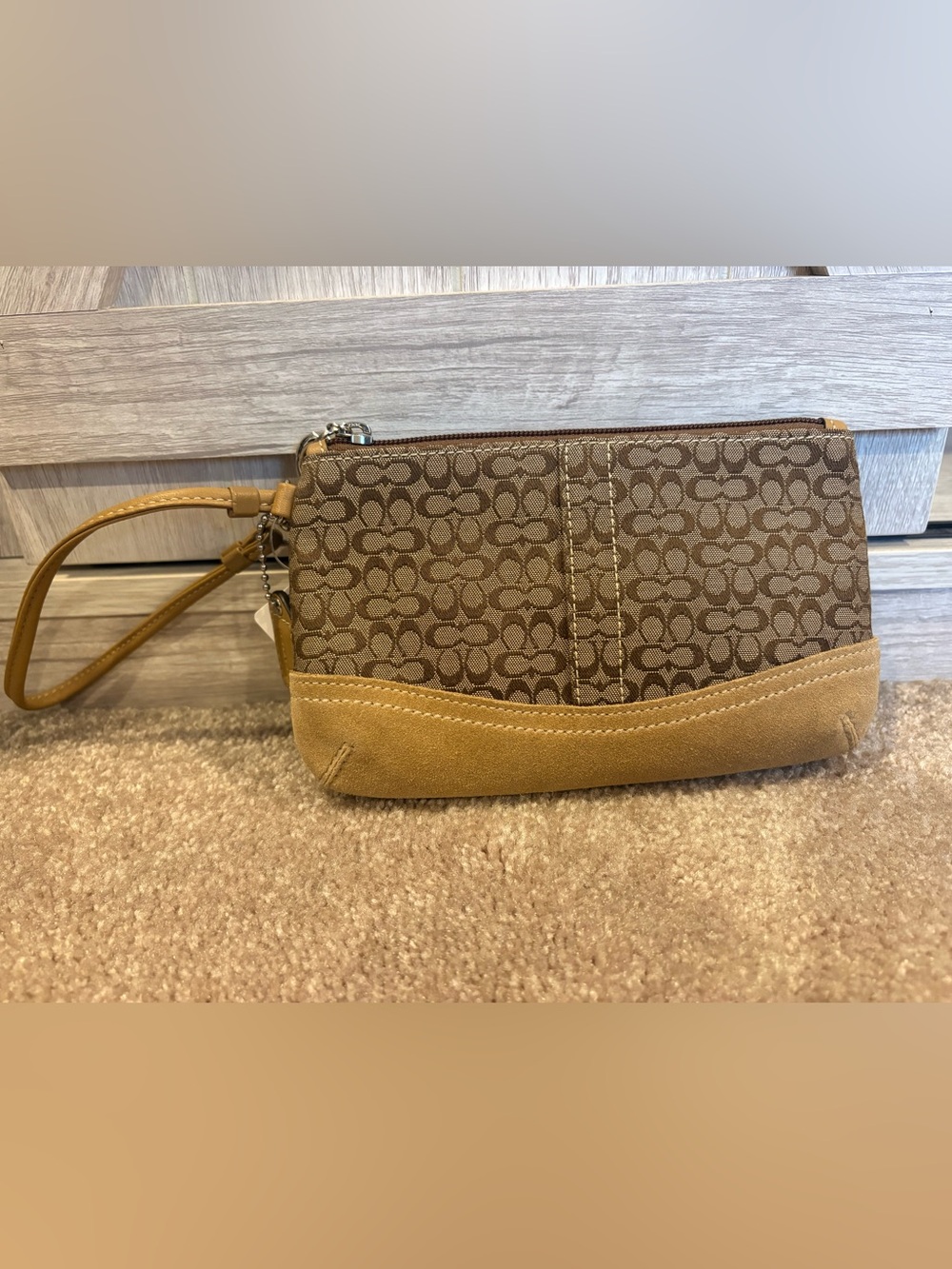 Coach Signature C mini SG duff wristlet tan suede bottom & wrist strap NWT